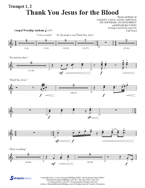 Thank You Jesus For The Blood with Glory To His Name (Choral Anthem SATB) Trumpet 1,2 (Semsen Music / Arr. Cliff Duren)
