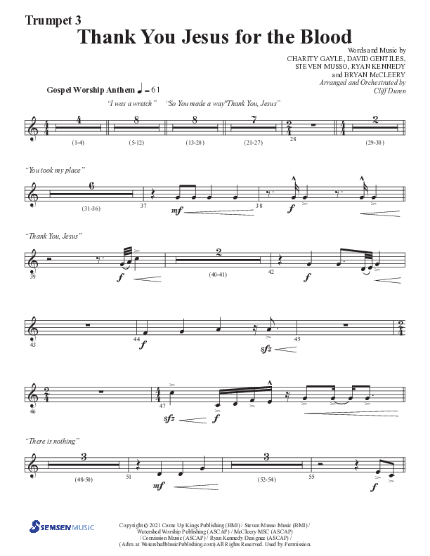 Thank You Jesus For The Blood with Glory To His Name (Choral Anthem SATB) Trumpet 3 (Semsen Music / Arr. Cliff Duren)