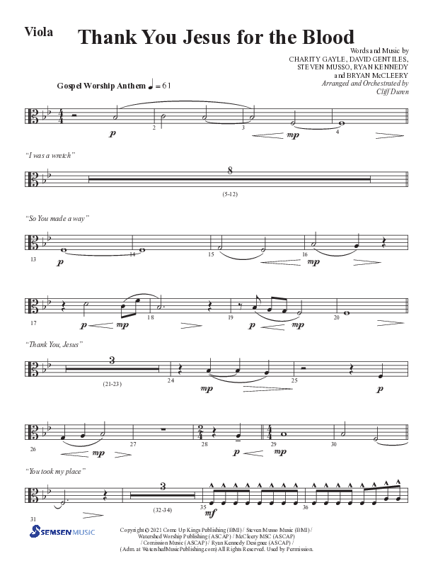 Thank You Jesus For The Blood with Glory To His Name (Choral Anthem SATB) Viola (Semsen Music / Arr. Cliff Duren)
