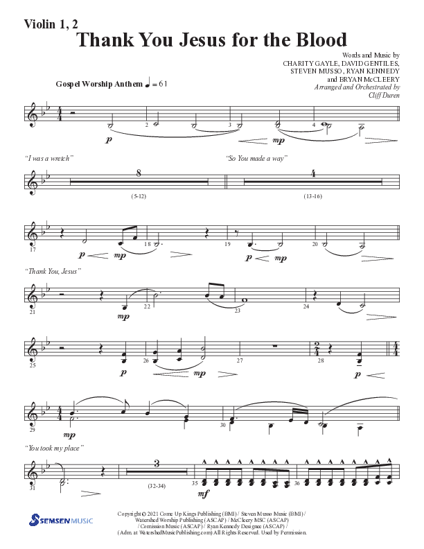 Thank You Jesus For The Blood with Glory To His Name (Choral Anthem SATB) Violin 1/2 (Semsen Music / Arr. Cliff Duren)