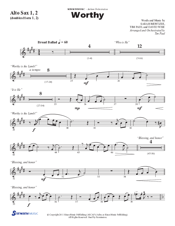Worthy (Choral Anthem SATB) Alto Sax 1/2 (Semsen Music / Arr. Tim Paul)