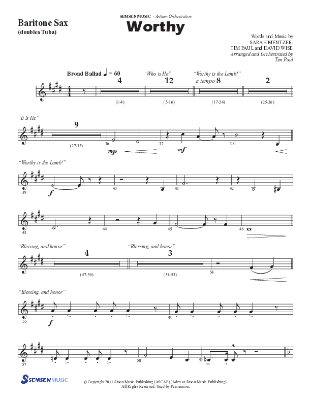 Worthy (Choral Anthem SATB) Bari Sax (Semsen Music / Arr. Tim Paul)