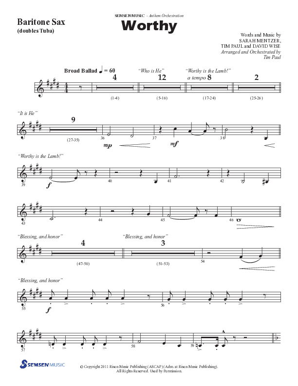 Worthy (Choral Anthem SATB) Bari Sax (Semsen Music / Arr. Tim Paul)