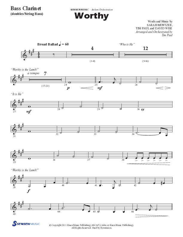 Worthy (Choral Anthem SATB) Bass Clarinet (Semsen Music / Arr. Tim Paul)