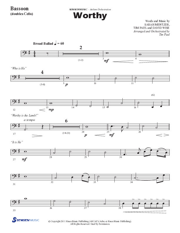 Worthy (Choral Anthem SATB) Bassoon (Semsen Music / Arr. Tim Paul)