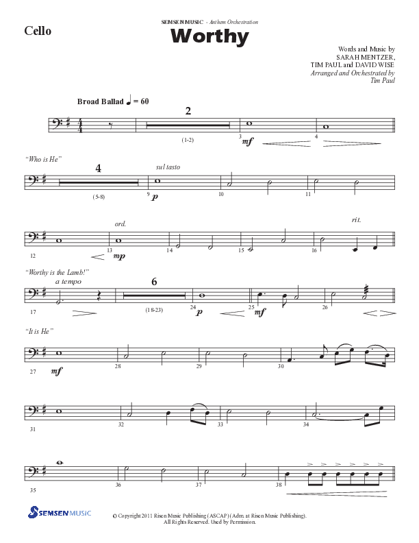 Worthy (Choral Anthem SATB) Cello (Semsen Music / Arr. Tim Paul)