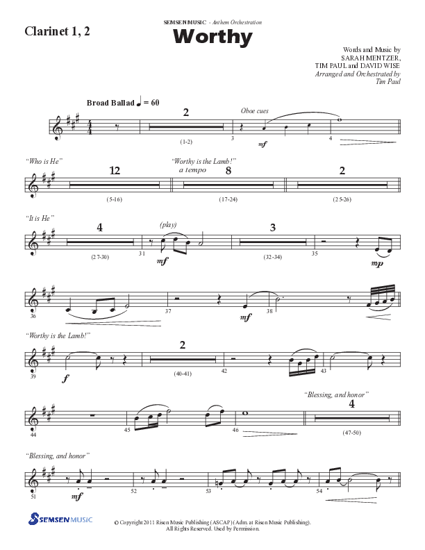 Worthy (Choral Anthem SATB) Clarinet 1/2 (Semsen Music / Arr. Tim Paul)