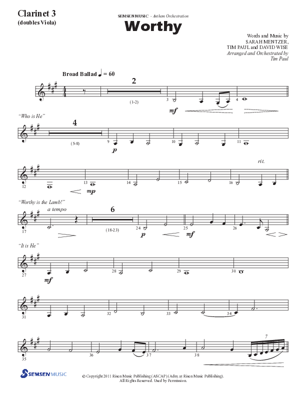 Worthy (Choral Anthem SATB) Clarinet 3 (Semsen Music / Arr. Tim Paul)
