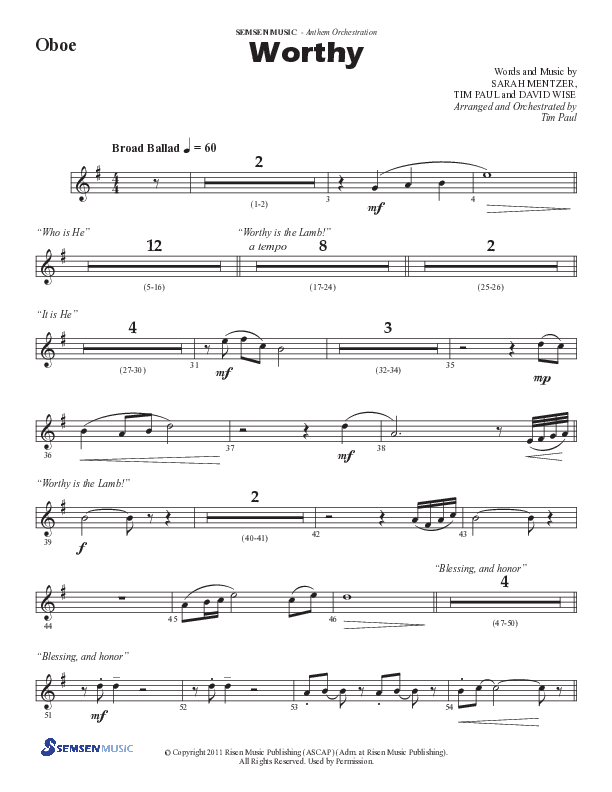 Worthy (Choral Anthem SATB) Oboe (Semsen Music / Arr. Tim Paul)