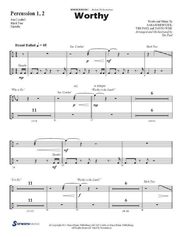 Worthy (Choral Anthem SATB) Percussion 1/2 (Semsen Music / Arr. Tim Paul)