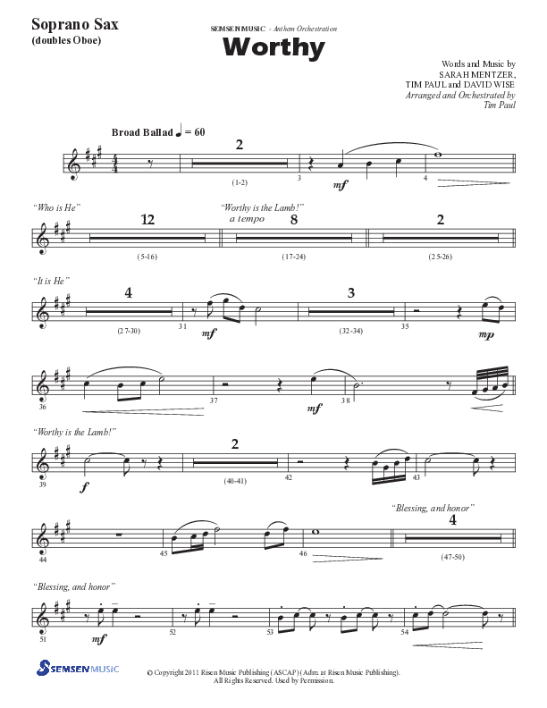 Worthy (Choral Anthem SATB) Soprano Sax (Semsen Music / Arr. Tim Paul)