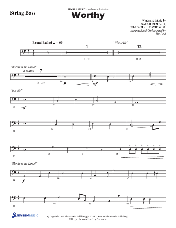 Worthy (Choral Anthem SATB) String Bass (Semsen Music / Arr. Tim Paul)