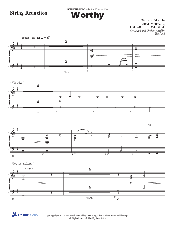 Worthy (Choral Anthem SATB) String Reduction (Semsen Music / Arr. Tim Paul)