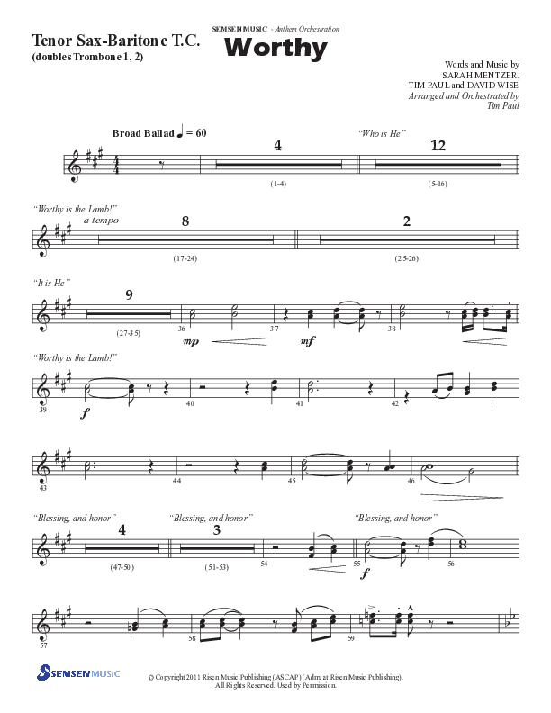 Worthy (Choral Anthem SATB) Tenor Sax/Baritone T.C. (Semsen Music / Arr. Tim Paul)