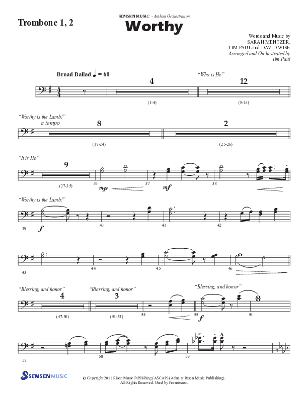 Worthy (Choral Anthem SATB) Trombone 1/2 (Semsen Music / Arr. Tim Paul)