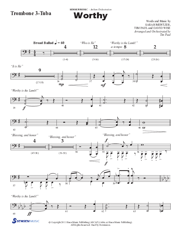Worthy (Choral Anthem SATB) Trombone 3/Tuba (Semsen Music / Arr. Tim Paul)