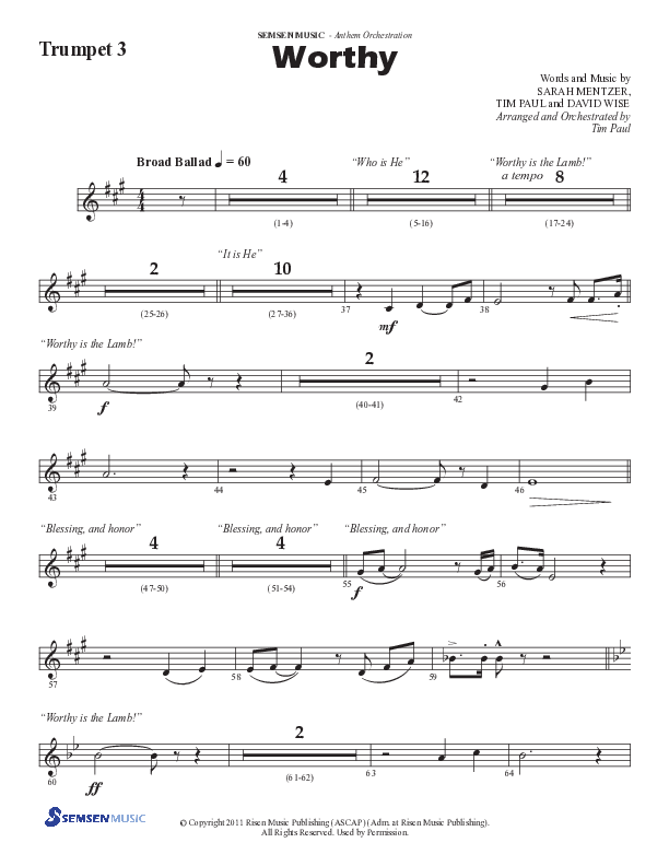 Worthy (Choral Anthem SATB) Trumpet 3 (Semsen Music / Arr. Tim Paul)
