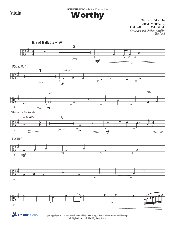 Worthy (Choral Anthem SATB) Viola (Semsen Music / Arr. Tim Paul)