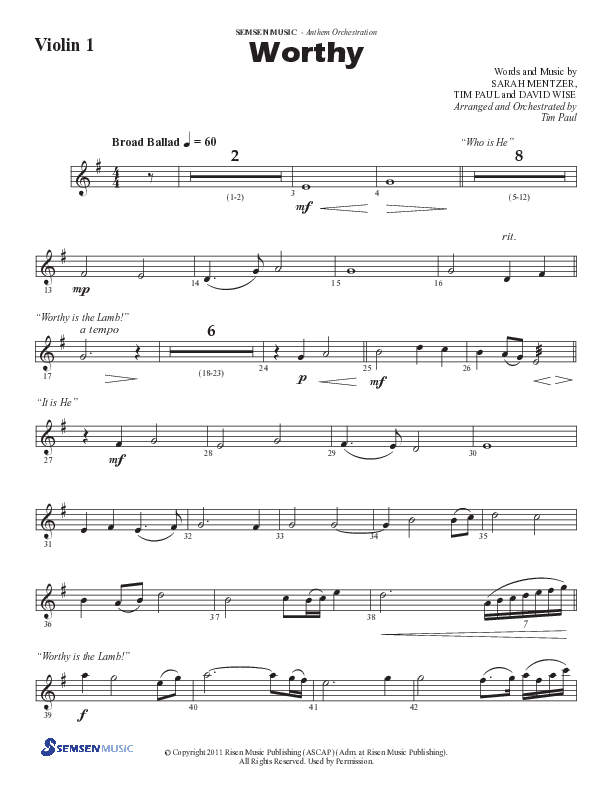 Worthy (Choral Anthem SATB) Violin 1 (Semsen Music / Arr. Tim Paul)