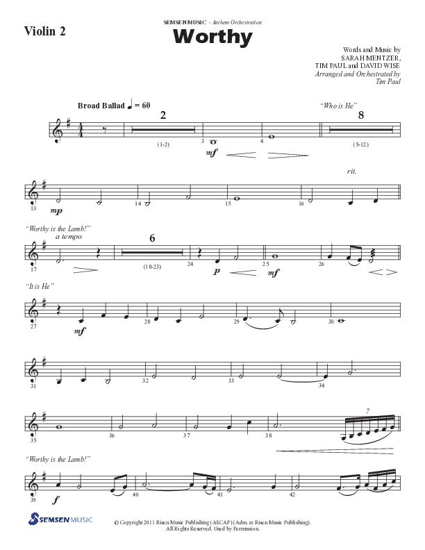 Worthy (Choral Anthem SATB) Violin 2 (Semsen Music / Arr. Tim Paul)