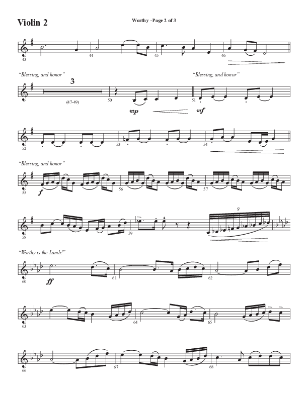 Worthy (Choral Anthem SATB) Violin 2 (Semsen Music / Arr. Tim Paul)