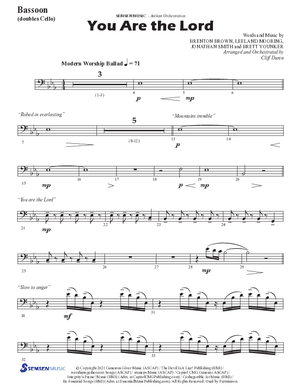 You Are The Lord (Choral Anthem SATB) Bassoon (Semsen Music / Arr. Cliff Duren)
