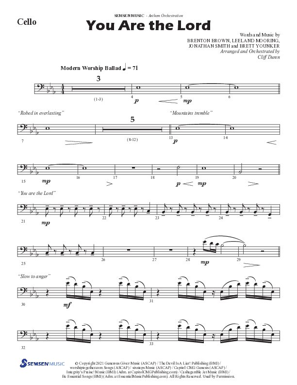 You Are The Lord (Choral Anthem SATB) Cello (Semsen Music / Arr. Cliff Duren)