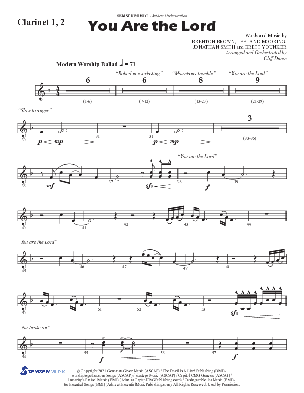 You Are The Lord (Choral Anthem SATB) Clarinet 1/2 (Semsen Music / Arr. Cliff Duren)