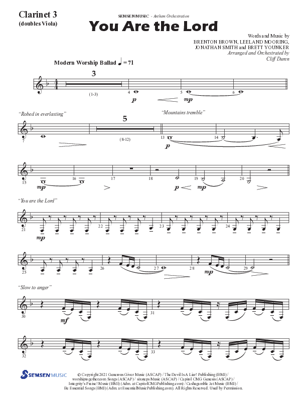You Are The Lord (Choral Anthem SATB) Clarinet 3 (Semsen Music / Arr. Cliff Duren)