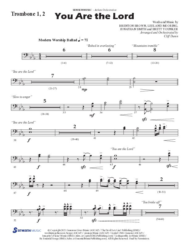 You Are The Lord (Choral Anthem SATB) Trombone 1/2 (Semsen Music / Arr. Cliff Duren)