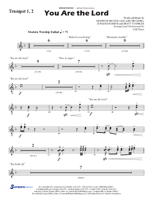 You Are The Lord (Choral Anthem SATB) Trumpet 1,2 (Semsen Music / Arr. Cliff Duren)
