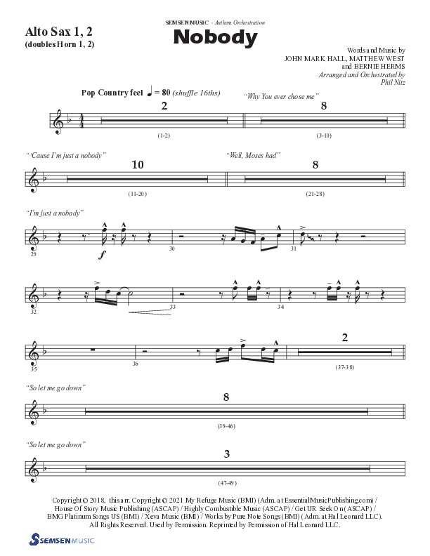 Nobody (Choral Anthem SATB) Alto Sax 1/2 (Semsen Music / Arr. Phil Nitz)
