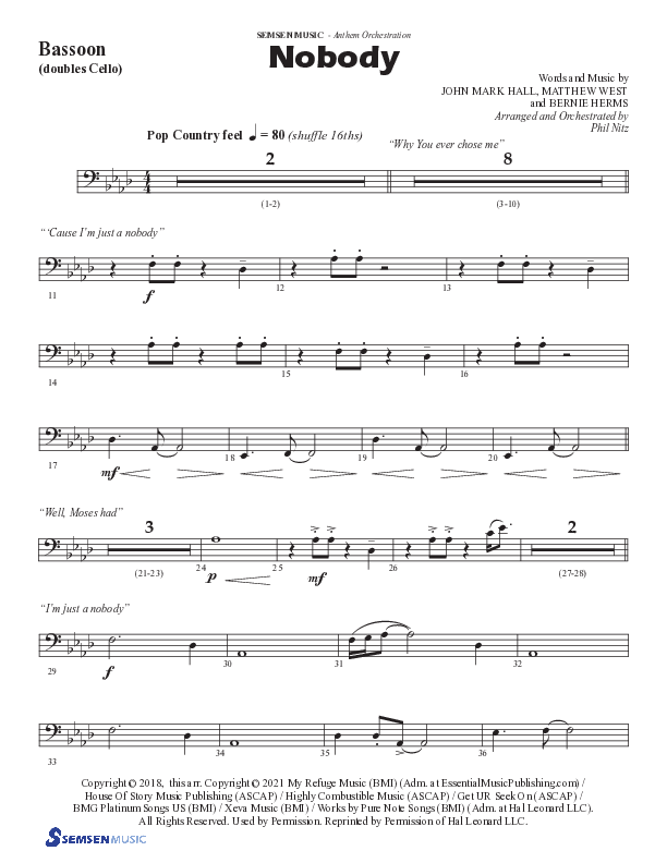 Nobody (Choral Anthem SATB) Bassoon (Semsen Music / Arr. Phil Nitz)