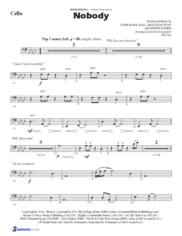 Nobody (Choral Anthem SATB) Cello (Semsen Music / Arr. Phil Nitz)