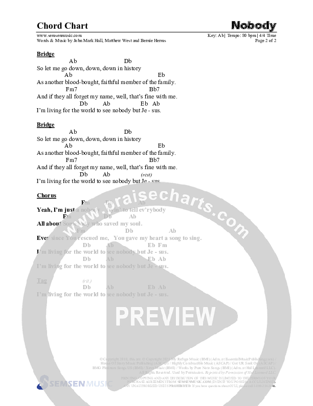 Nobody (Choral Anthem SATB) Chords & Lead Sheet (Semsen Music / Arr. Phil Nitz)