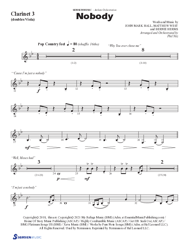Nobody (Choral Anthem SATB) Clarinet 3 (Semsen Music / Arr. Phil Nitz)