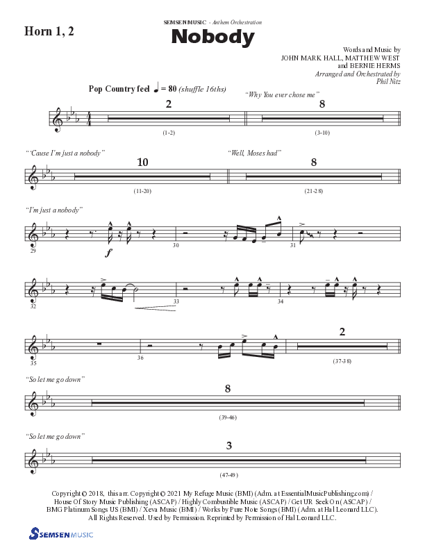 Nobody (Choral Anthem SATB) French Horn 1/2 (Semsen Music / Arr. Phil Nitz)