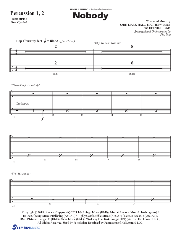 Nobody (Choral Anthem SATB) Percussion 1/2 (Semsen Music / Arr. Phil Nitz)