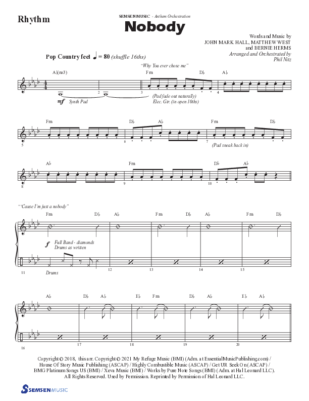 Nobody (Choral Anthem SATB) Rhythm Chart (Semsen Music / Arr. Phil Nitz)