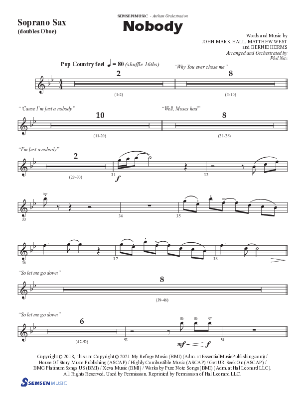 Nobody (Choral Anthem SATB) Soprano Sax (Semsen Music / Arr. Phil Nitz)