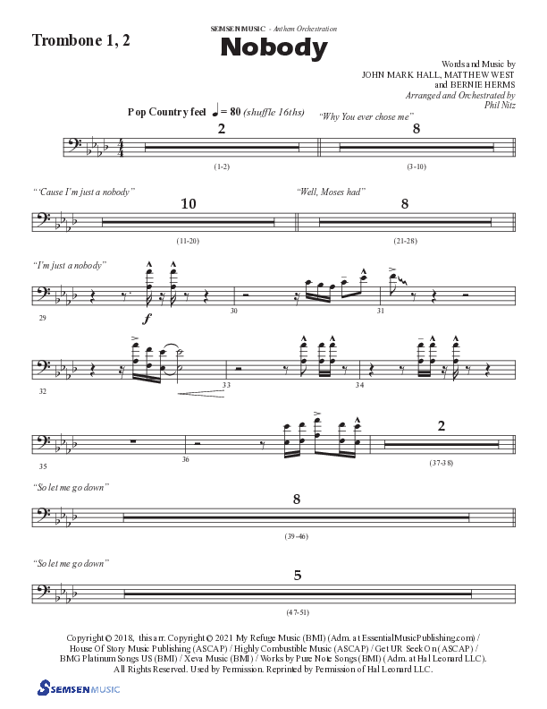 Nobody (Choral Anthem SATB) Trombone 1/2 (Semsen Music / Arr. Phil Nitz)