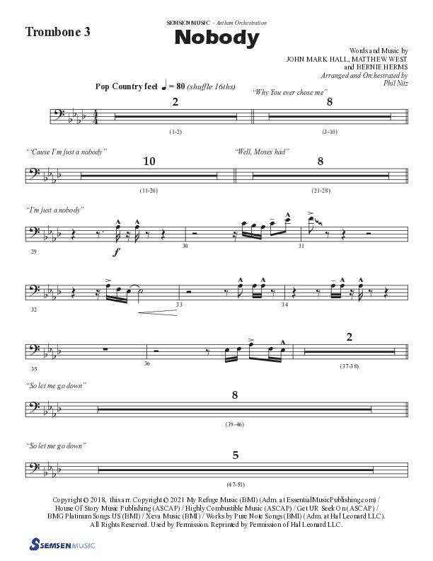Nobody (Choral Anthem SATB) Trombone 3 (Semsen Music / Arr. Phil Nitz)