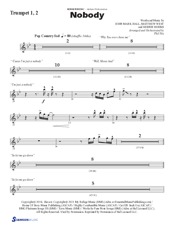 Nobody (Choral Anthem SATB) Trumpet 1,2 (Semsen Music / Arr. Phil Nitz)