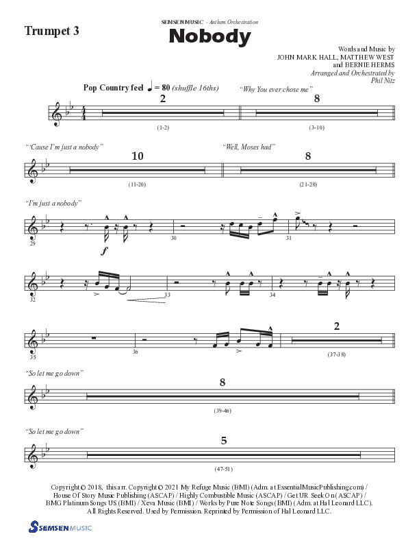 Nobody (Choral Anthem SATB) Trumpet 3 (Semsen Music / Arr. Phil Nitz)