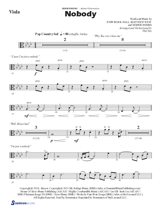 Nobody (Choral Anthem SATB) Viola (Semsen Music / Arr. Phil Nitz)