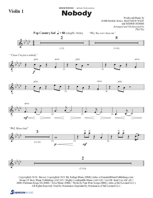 Nobody (Choral Anthem SATB) Violin 1 (Semsen Music / Arr. Phil Nitz)