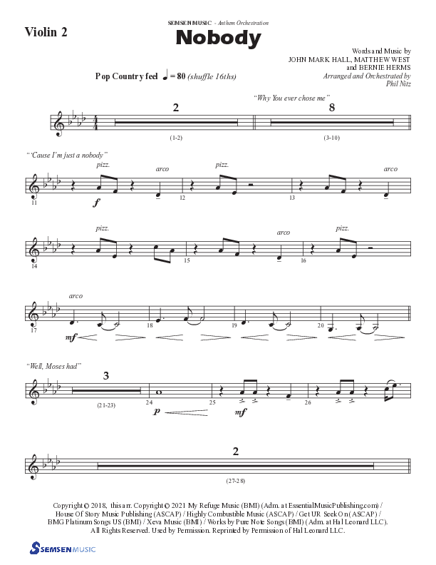 Nobody (Choral Anthem SATB) Violin 2 (Semsen Music / Arr. Phil Nitz)