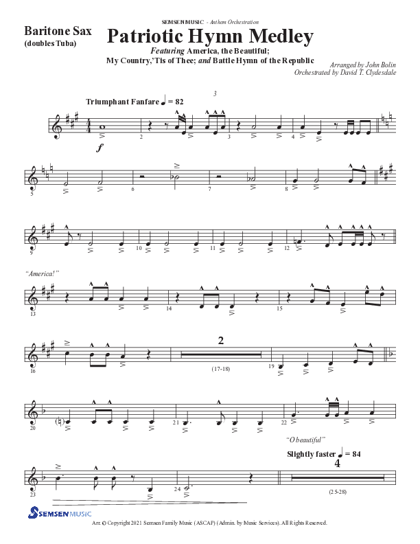 Patriotic Hymn Medley (Choral Anthem SATB) Bari Sax (Semsen Music / Arr. John Bolin)