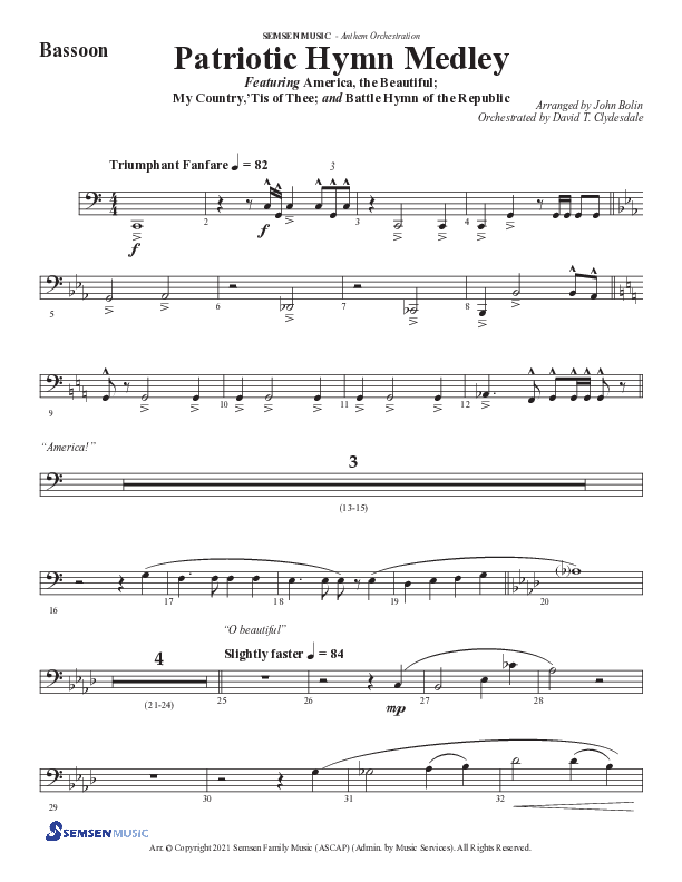 Patriotic Hymn Medley (Choral Anthem SATB) Bassoon (Semsen Music / Arr. John Bolin)