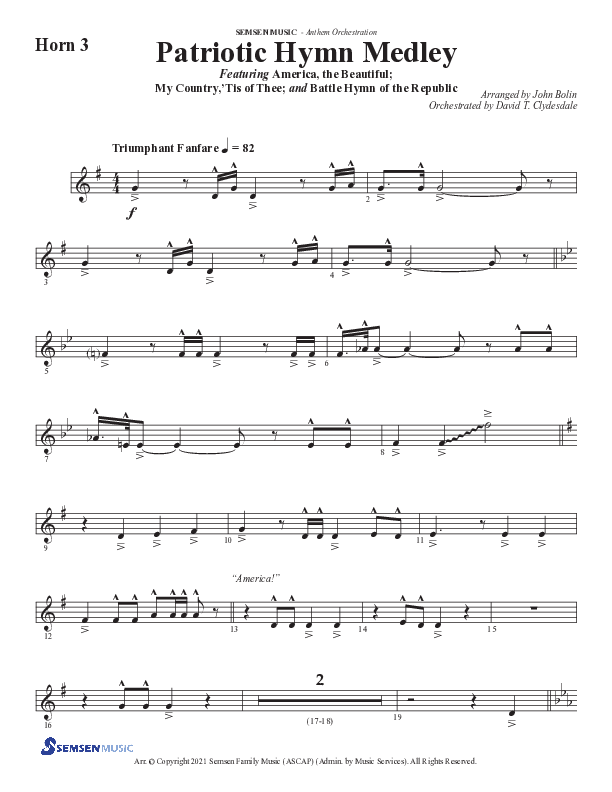 Patriotic Hymn Medley (Choral Anthem SATB) French Horn 3 (Semsen Music / Arr. John Bolin)